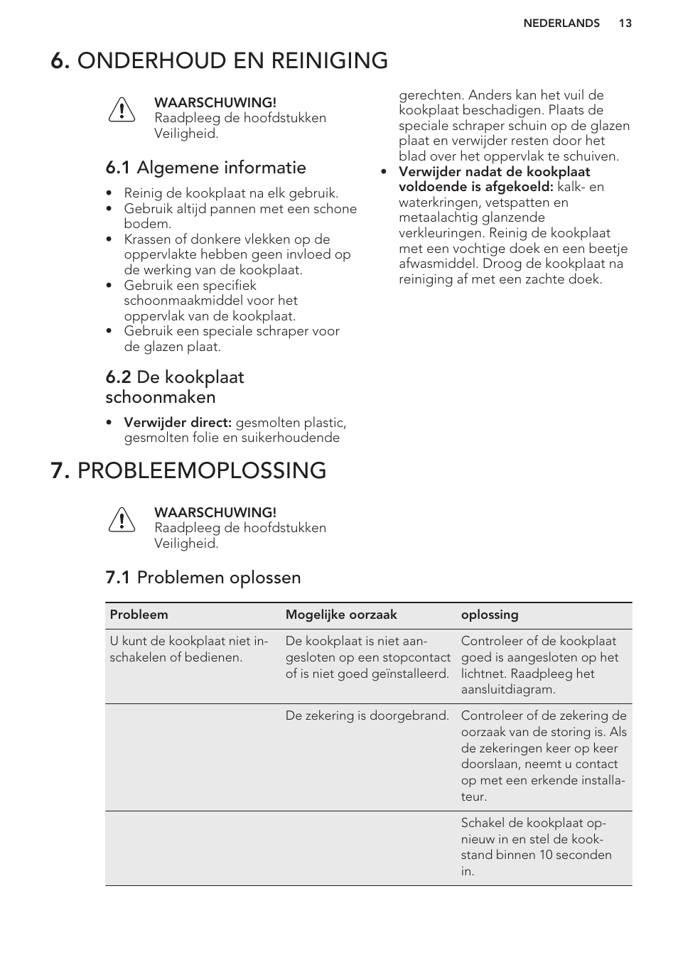 Onderhoud en reiniging, 1 algemene informatie, 2 de kookplaat schoonmaken | Probleemoplossing, 1 problemen oplossen, Onderhoud en reiniging 7. probleemoplossing | AEG HK673532FB User Manual | Page 13 / 76