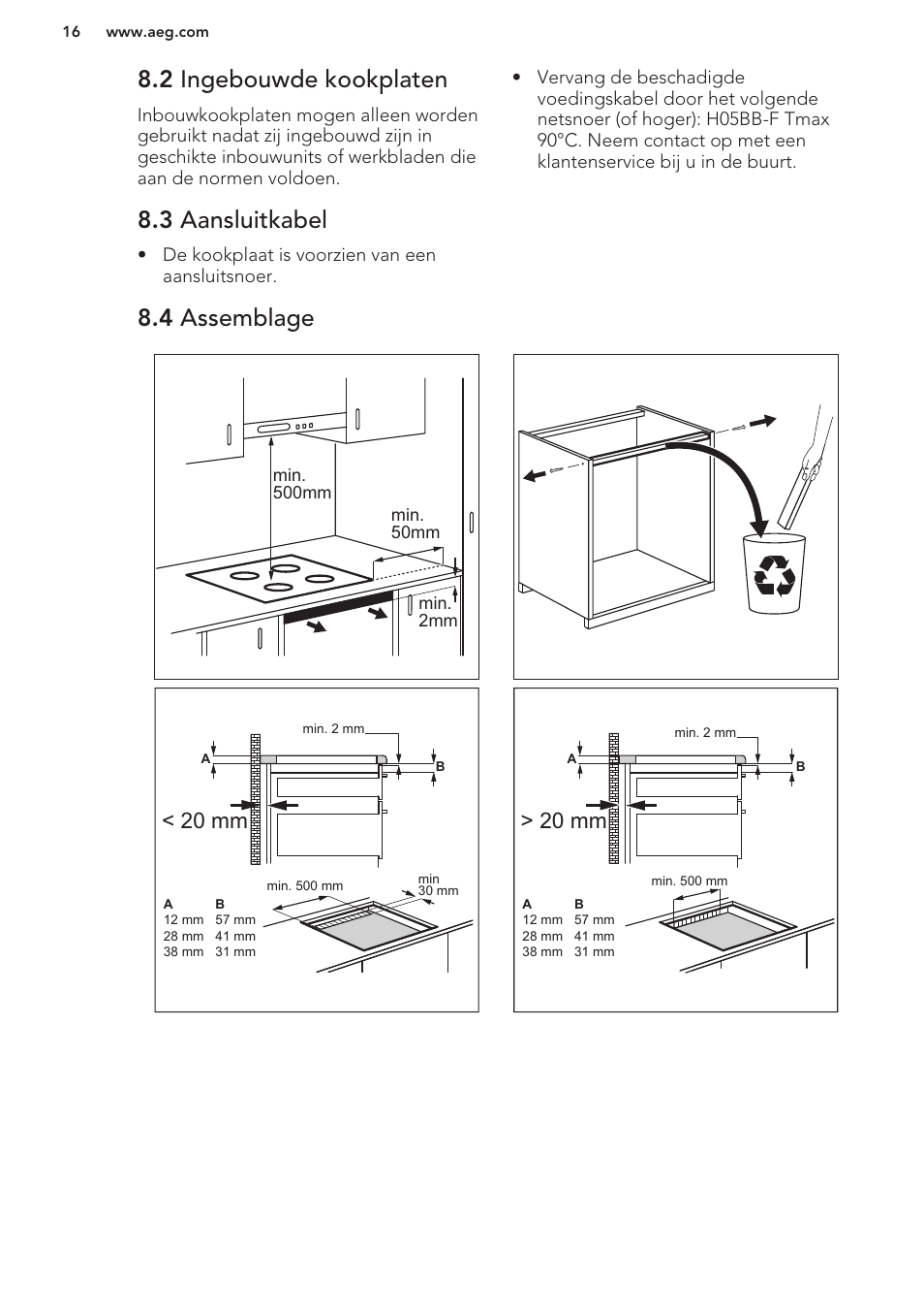 2 ingebouwde kookplaten, 3 aansluitkabel, 4 assemblage | 20 mm > 20 mm | AEG HK673532FB User Manual | Page 16 / 76