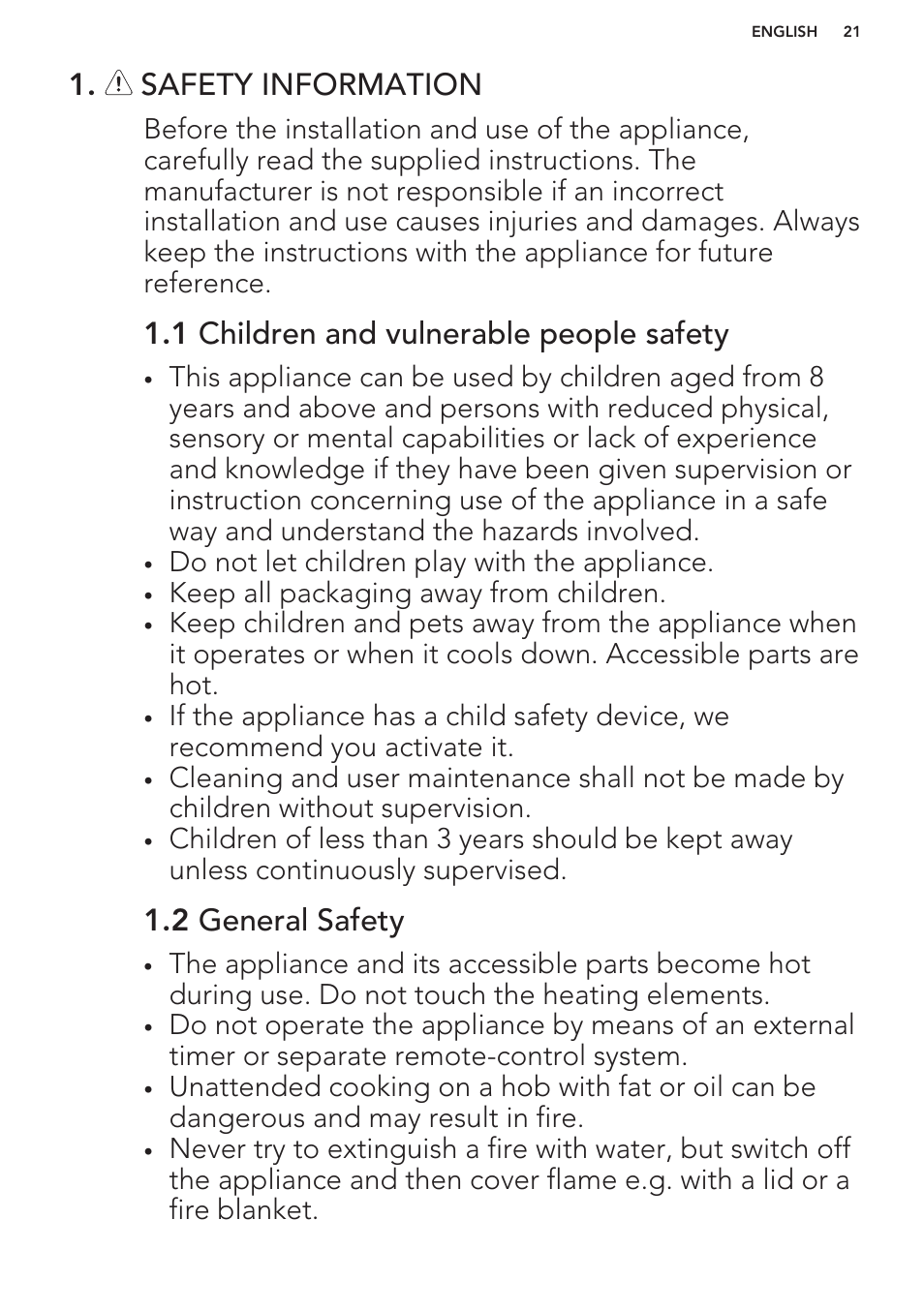 Safety information, 1 children and vulnerable people safety, 2 general safety | AEG HK673532FB User Manual | Page 21 / 76