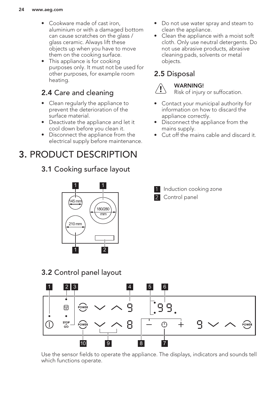 4 care and cleaning, 5 disposal, Product description | 1 cooking surface layout, 2 control panel layout | AEG HK673532FB User Manual | Page 24 / 76