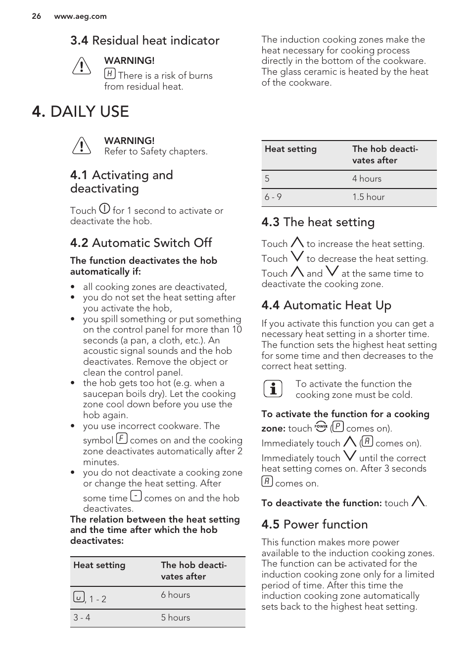 4 residual heat indicator, Daily use, 1 activating and deactivating | 2 automatic switch off, 3 the heat setting, 4 automatic heat up, 5 power function | AEG HK673532FB User Manual | Page 26 / 76