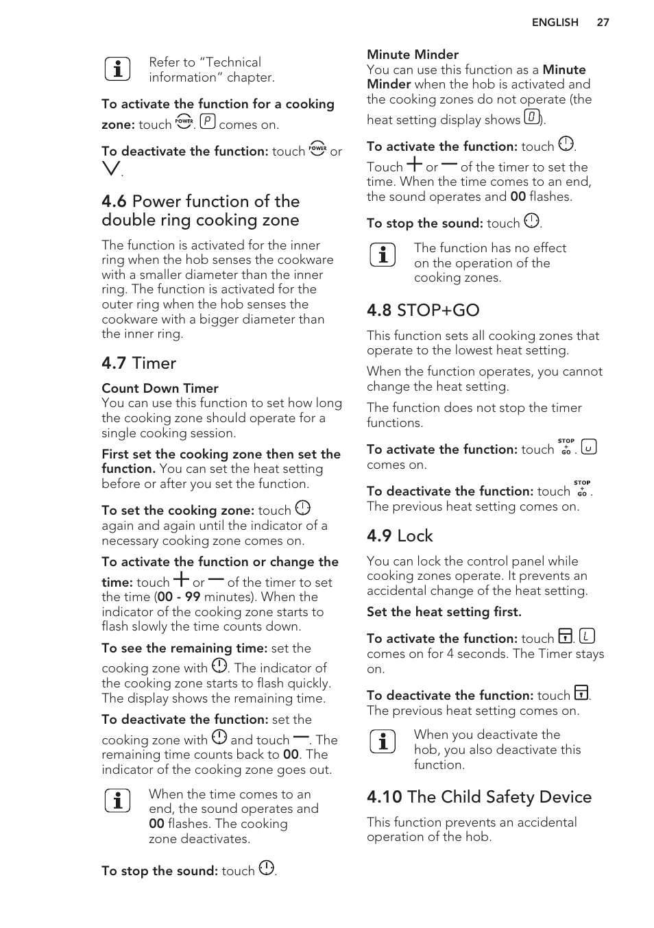 6 power function of the double ring cooking zone, 7 timer, 8 stop+go | 9 lock, 10 the child safety device | AEG HK673532FB User Manual | Page 27 / 76