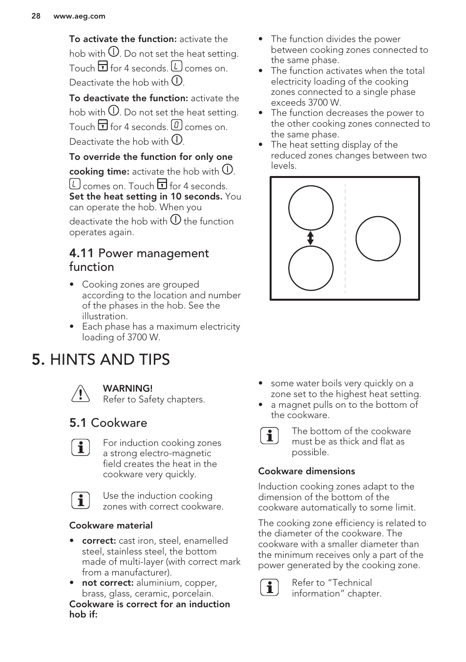 11 power management function, Hints and tips, 1 cookware | AEG HK673532FB User Manual | Page 28 / 76