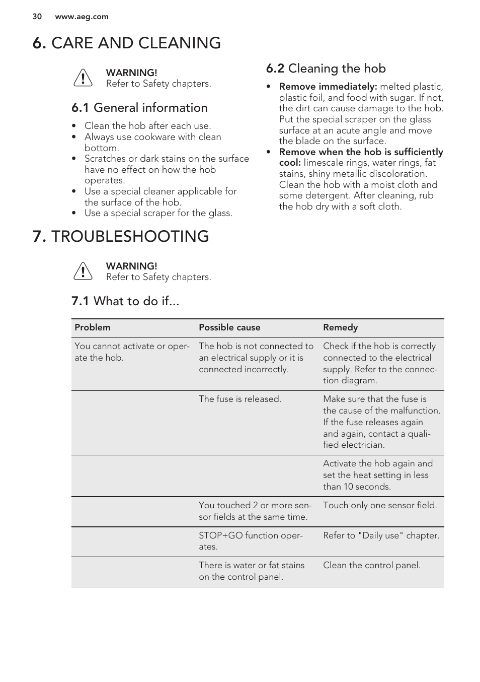 Care and cleaning, 1 general information, 2 cleaning the hob | Troubleshooting, 1 what to do if, Care and cleaning 7. troubleshooting | AEG HK673532FB User Manual | Page 30 / 76