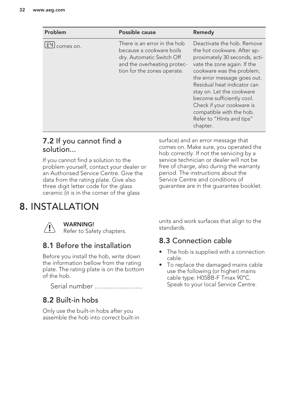 2 if you cannot find a solution, Installation, 1 before the installation | 2 built-in hobs, 3 connection cable | AEG HK673532FB User Manual | Page 32 / 76