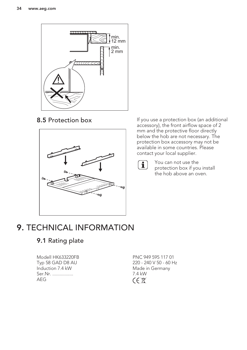 5 protection box, Technical information, 1 rating plate | AEG HK673532FB User Manual | Page 34 / 76