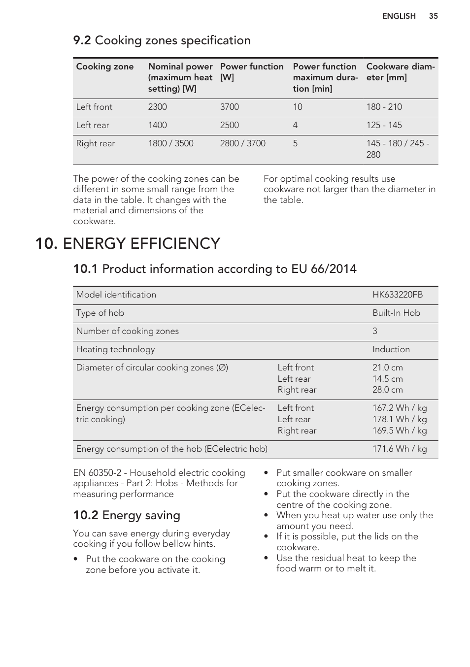 2 cooking zones specification, Energy efficiency, 1 product information according to eu 66/2014 | 2 energy saving | AEG HK673532FB User Manual | Page 35 / 76