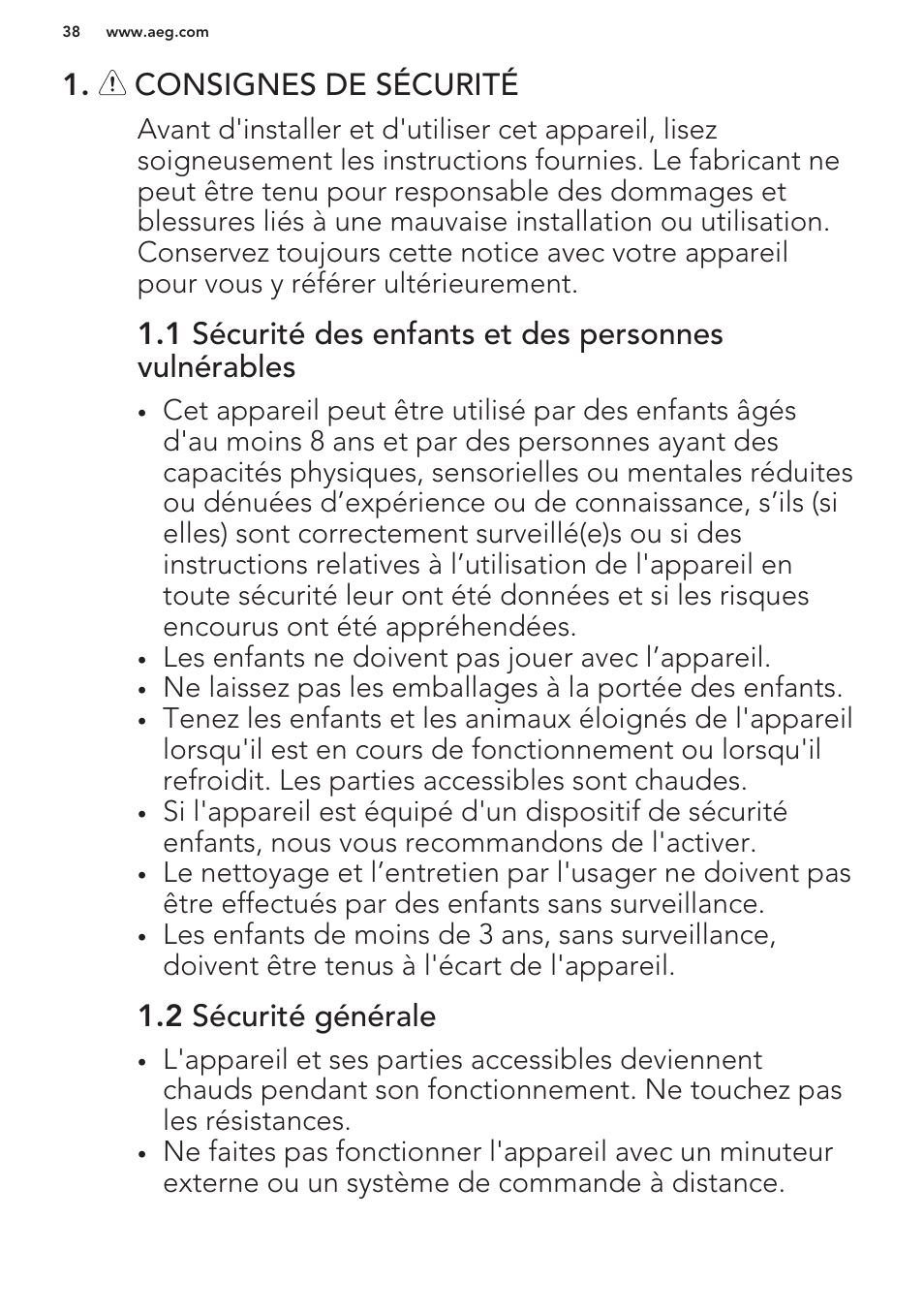 Consignes de sécurité, 2 sécurité générale | AEG HK673532FB User Manual | Page 38 / 76