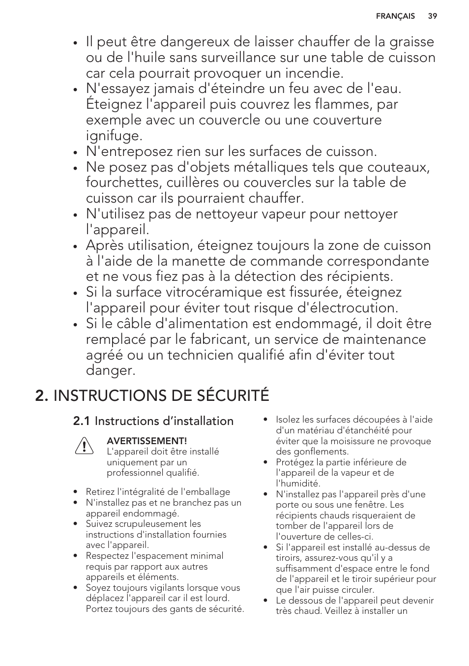 Instructions de sécurité, 1 instructions d’installation, N'entreposez rien sur les surfaces de cuisson | AEG HK673532FB User Manual | Page 39 / 76