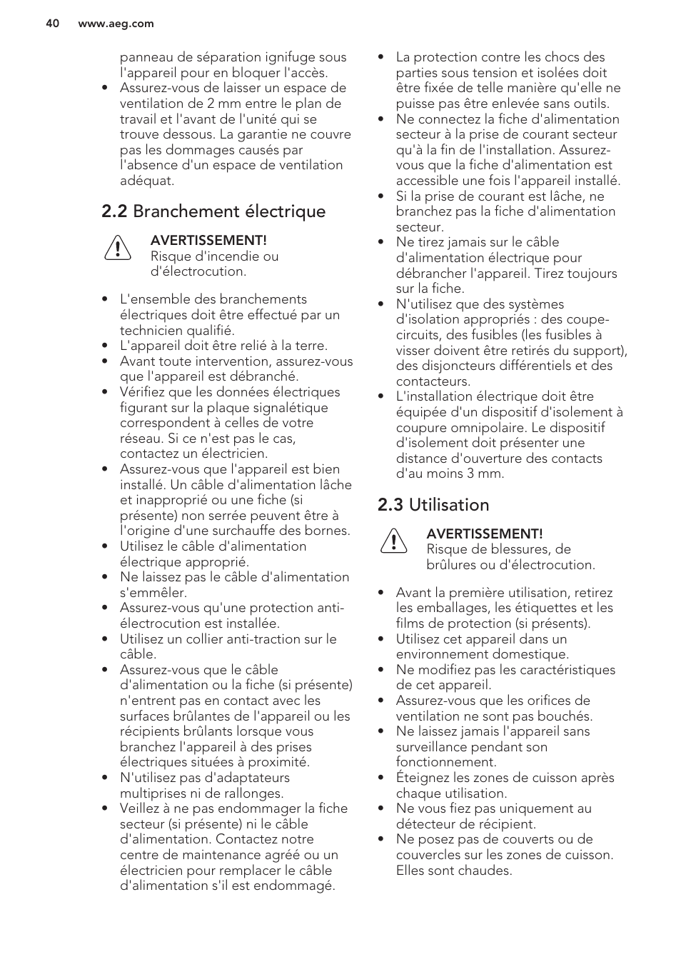 2 branchement électrique, 3 utilisation | AEG HK673532FB User Manual | Page 40 / 76