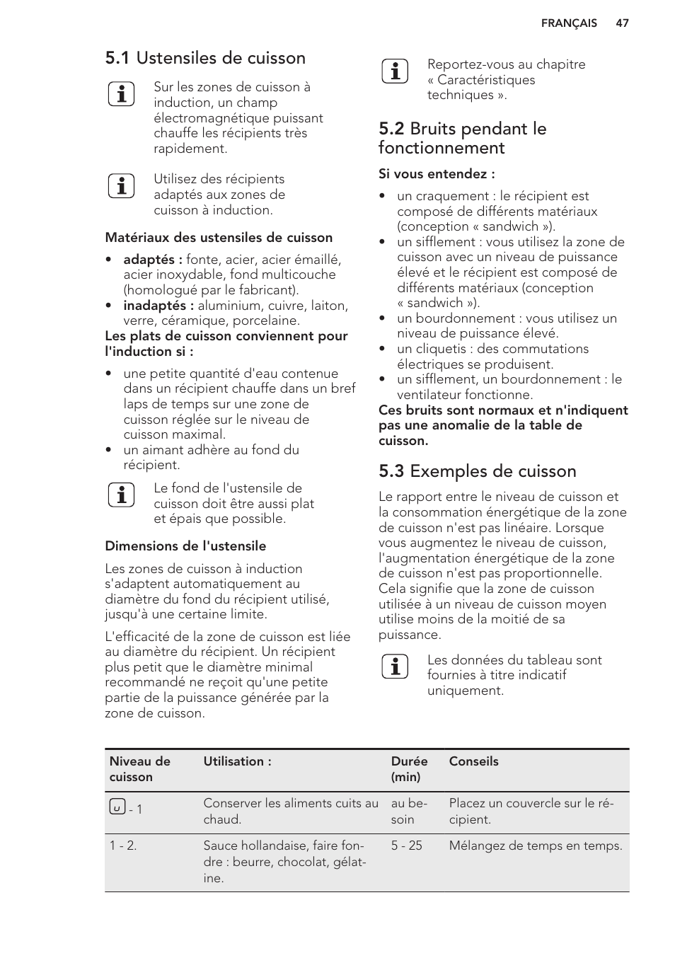 1 ustensiles de cuisson, 2 bruits pendant le fonctionnement, 3 exemples de cuisson | AEG HK673532FB User Manual | Page 47 / 76