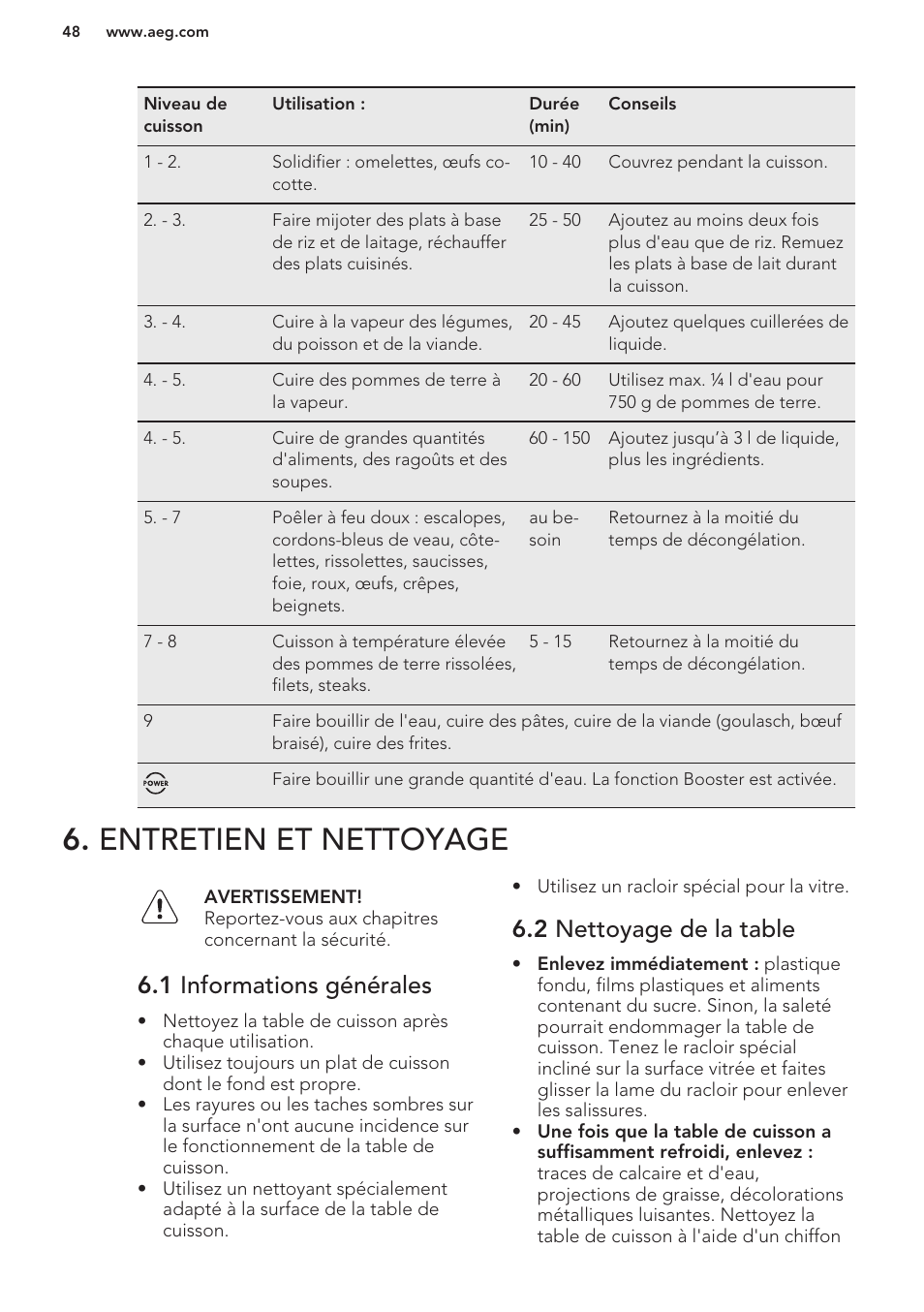 Entretien et nettoyage, 1 informations générales, 2 nettoyage de la table | AEG HK673532FB User Manual | Page 48 / 76