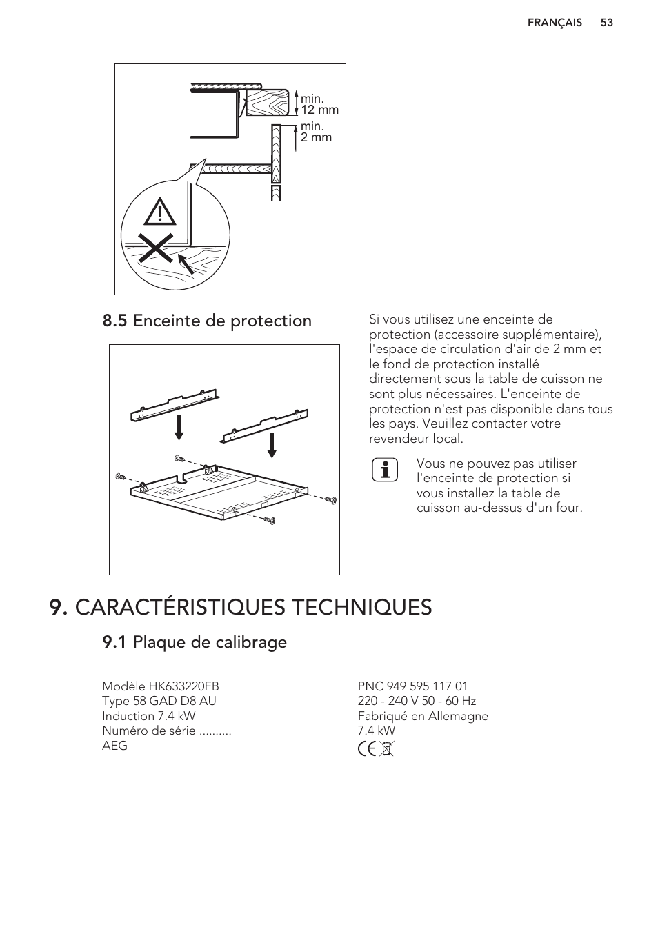 5 enceinte de protection, Caractéristiques techniques, 1 plaque de calibrage | AEG HK673532FB User Manual | Page 53 / 76