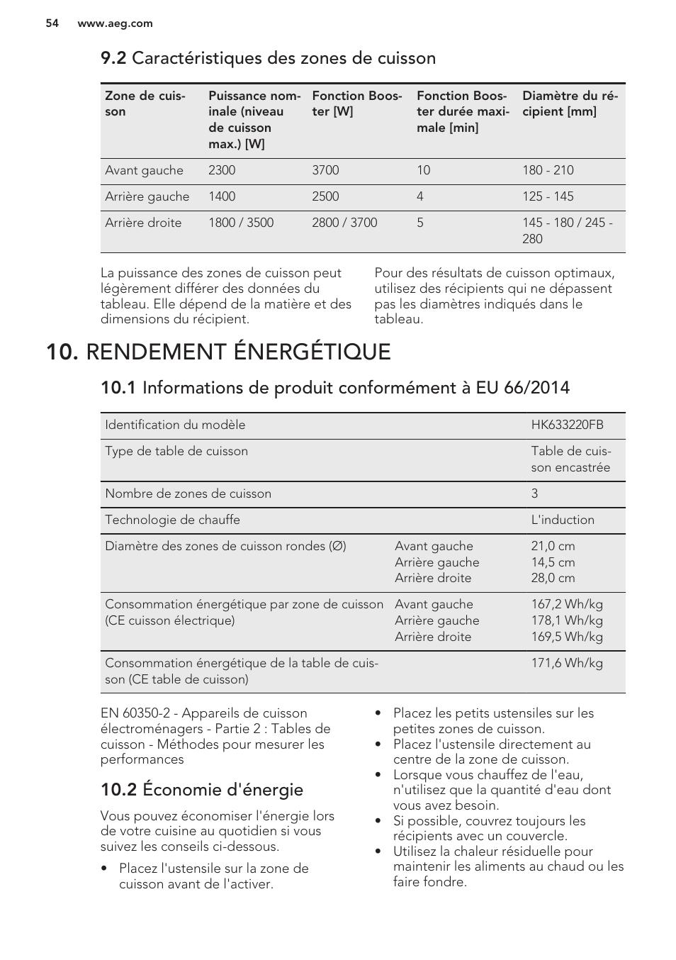 2 caractéristiques des zones de cuisson, Rendement énergétique, 2 économie d'énergie | AEG HK673532FB User Manual | Page 54 / 76