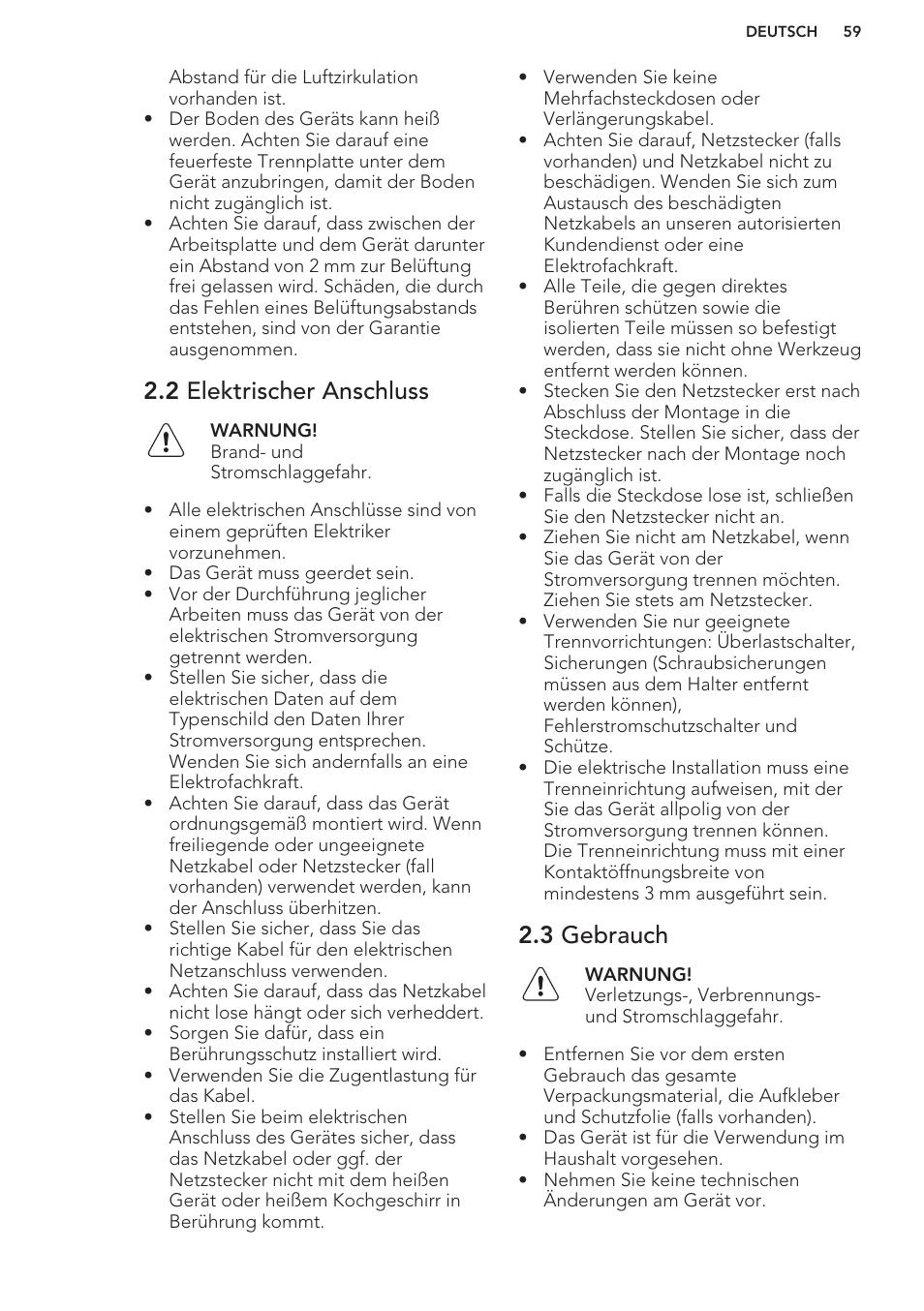 2 elektrischer anschluss, 3 gebrauch | AEG HK673532FB User Manual | Page 59 / 76