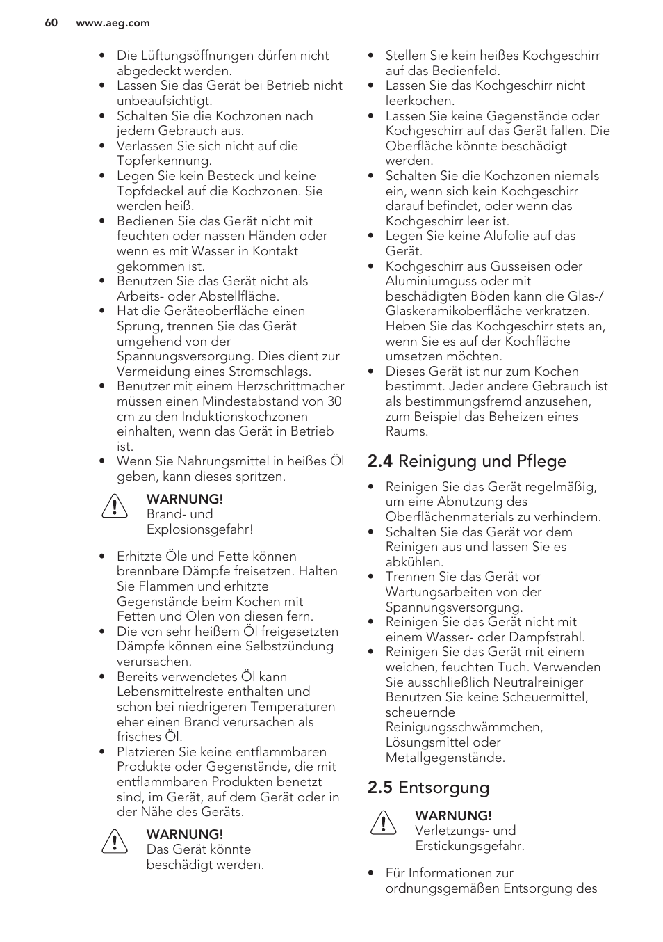 4 reinigung und pflege, 5 entsorgung | AEG HK673532FB User Manual | Page 60 / 76