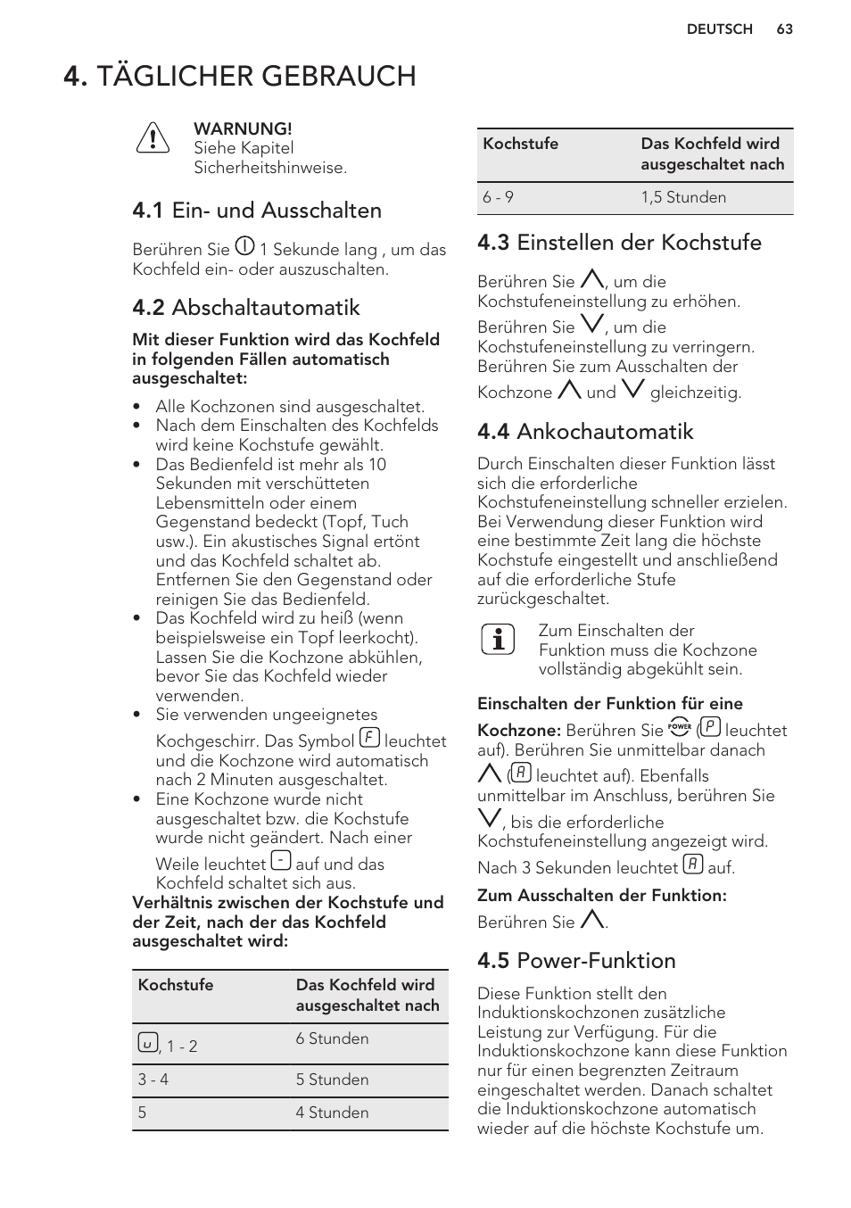 Täglicher gebrauch, 1 ein- und ausschalten, 2 abschaltautomatik | 3 einstellen der kochstufe, 4 ankochautomatik, 5 power-funktion | AEG HK673532FB User Manual | Page 63 / 76