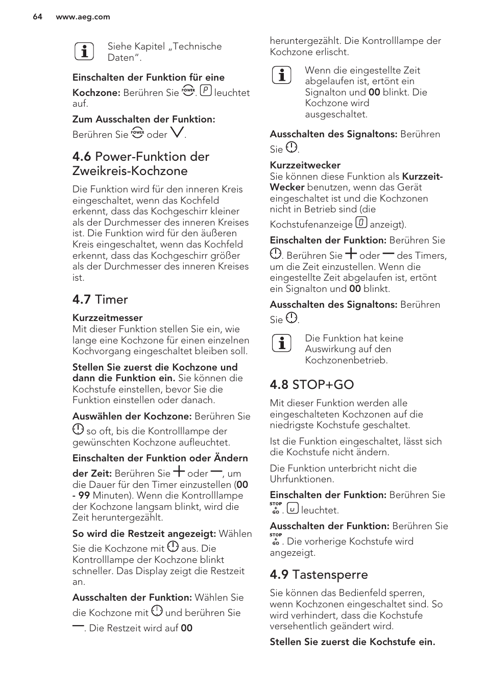 6 power-funktion der zweikreis-kochzone, 7 timer, 8 stop+go | 9 tastensperre | AEG HK673532FB User Manual | Page 64 / 76