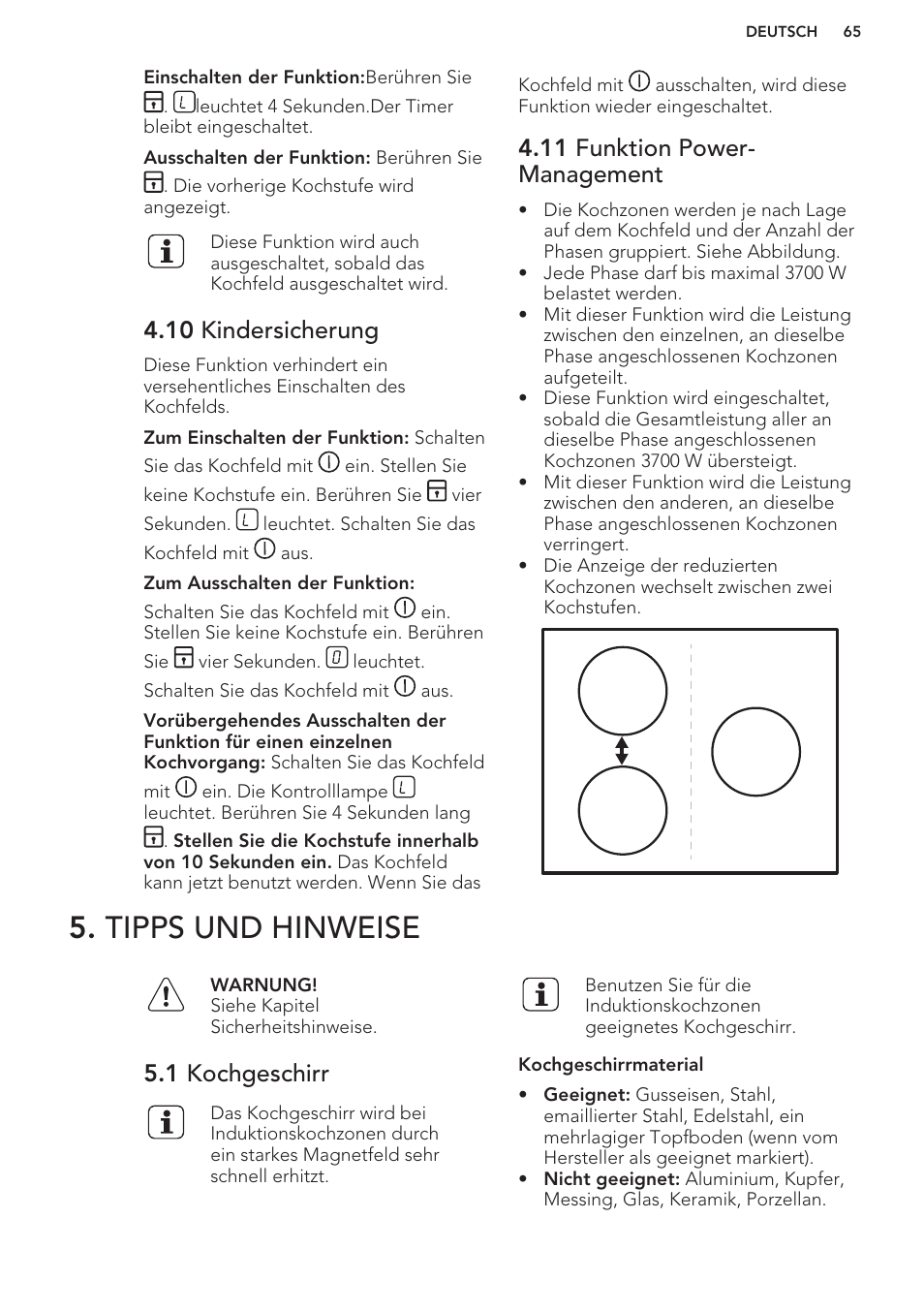 10 kindersicherung, 11 funktion power-management, Tipps und hinweise | 1 kochgeschirr, 11 funktion power- management | AEG HK673532FB User Manual | Page 65 / 76