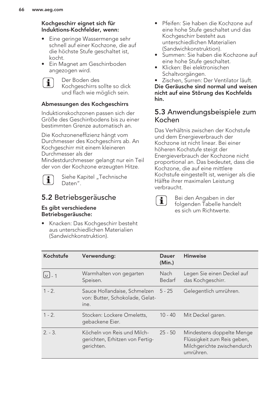 2 betriebsgeräusche, 3 anwendungsbeispiele zum kochen | AEG HK673532FB User Manual | Page 66 / 76