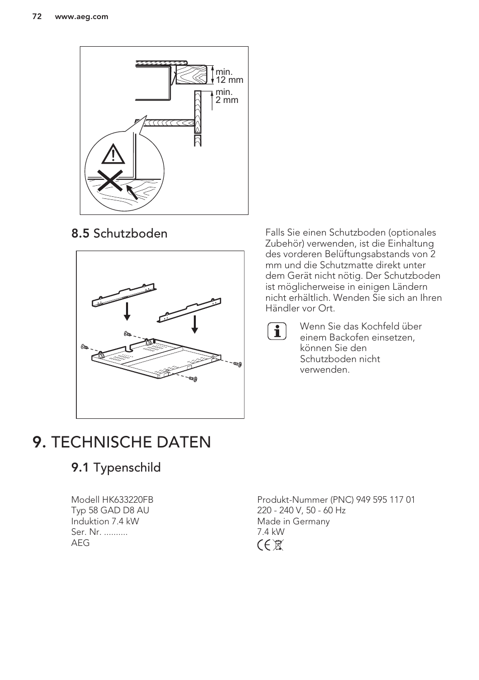 5 schutzboden, Technische daten, 1 typenschild | AEG HK673532FB User Manual | Page 72 / 76