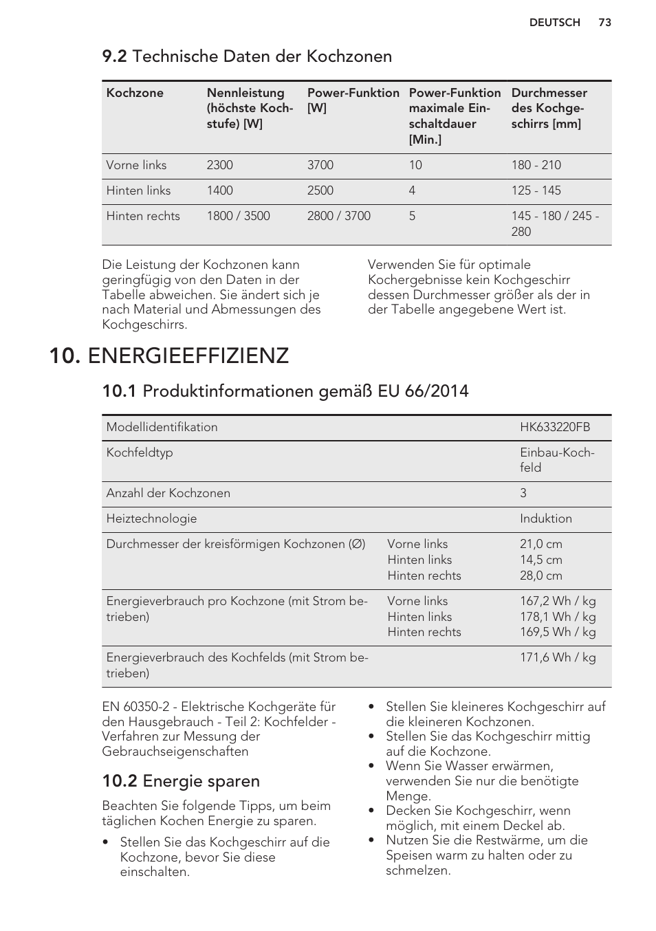 2 technische daten der kochzonen, Energieeffizienz, 1 produktinformationen gemäß eu 66/2014 | 2 energie sparen | AEG HK673532FB User Manual | Page 73 / 76