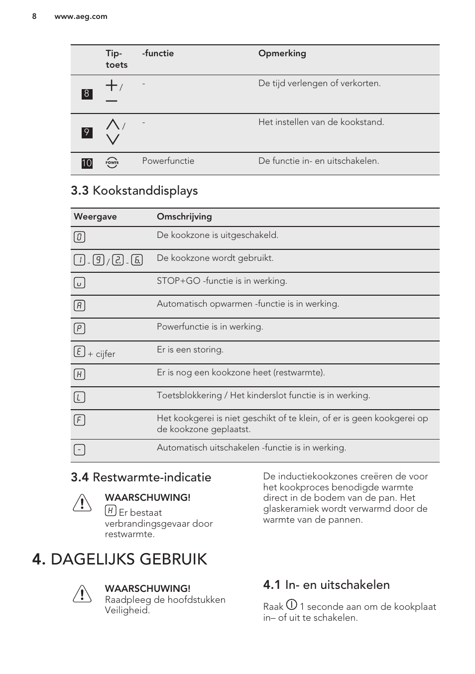 3 kookstanddisplays, 4 restwarmte-indicatie, Dagelijks gebruik | 1 in- en uitschakelen | AEG HK673532FB User Manual | Page 8 / 76