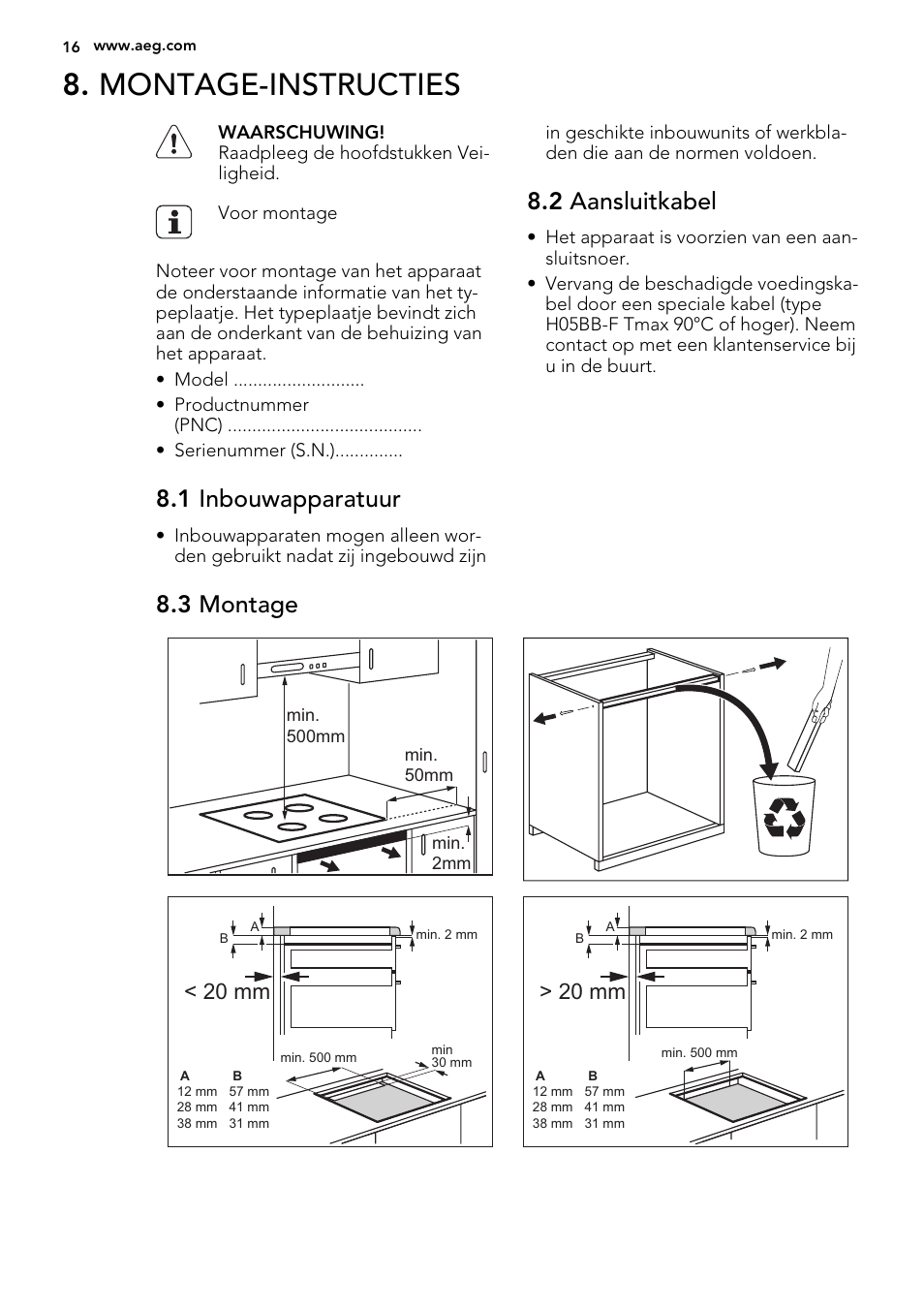 Montage-instructies, 1 inbouwapparatuur, 2 aansluitkabel | 3 montage, 20 mm | AEG HK634200FB User Manual | Page 16 / 72