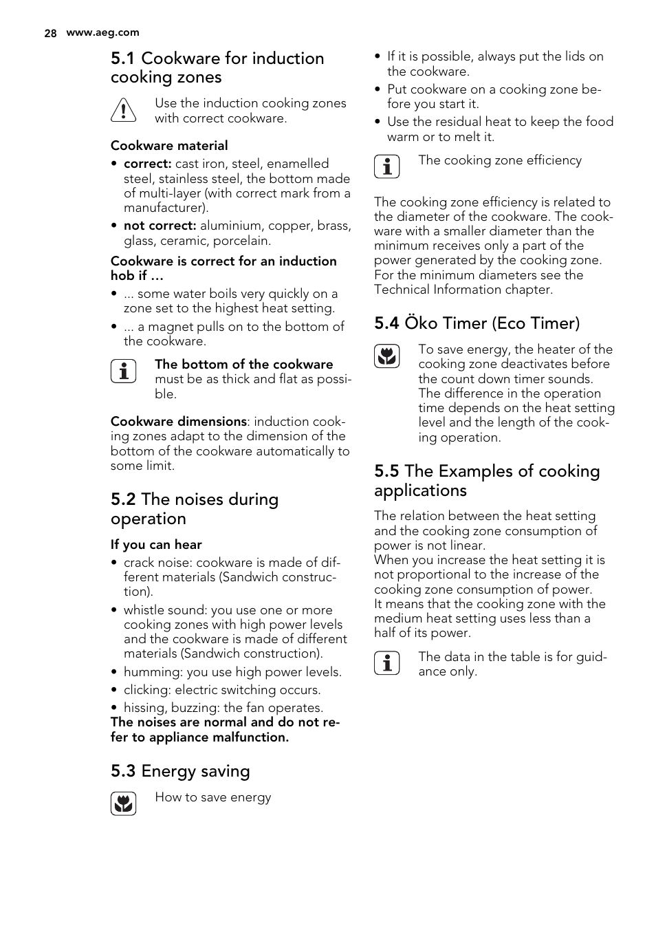 1 cookware for induction cooking zones, 2 the noises during operation, 3 energy saving | 4 öko timer (eco timer), 5 the examples of cooking applications | AEG HK634200FB User Manual | Page 28 / 72