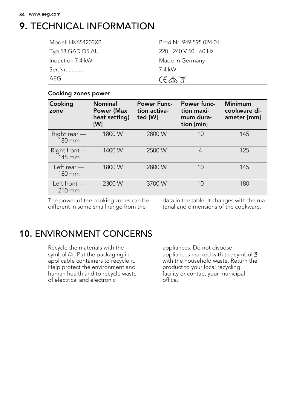 Technical information, Environment concerns | AEG HK634200FB User Manual | Page 34 / 72
