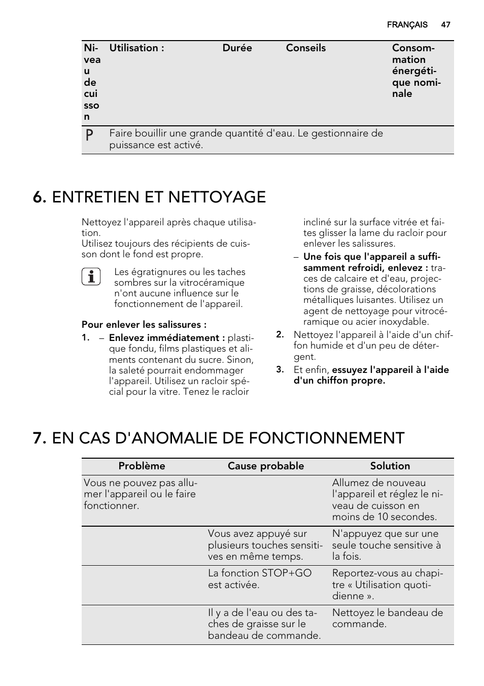 Entretien et nettoyage, En cas d'anomalie de fonctionnement | AEG HK634200FB User Manual | Page 47 / 72