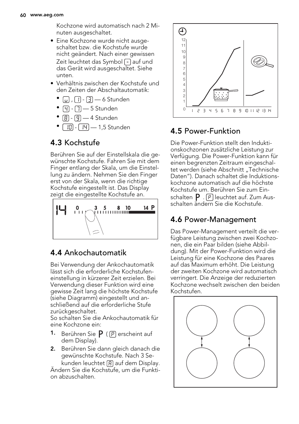 3 kochstufe, 4 ankochautomatik, 5 power-funktion | 6 power-management | AEG HK634200FB User Manual | Page 60 / 72