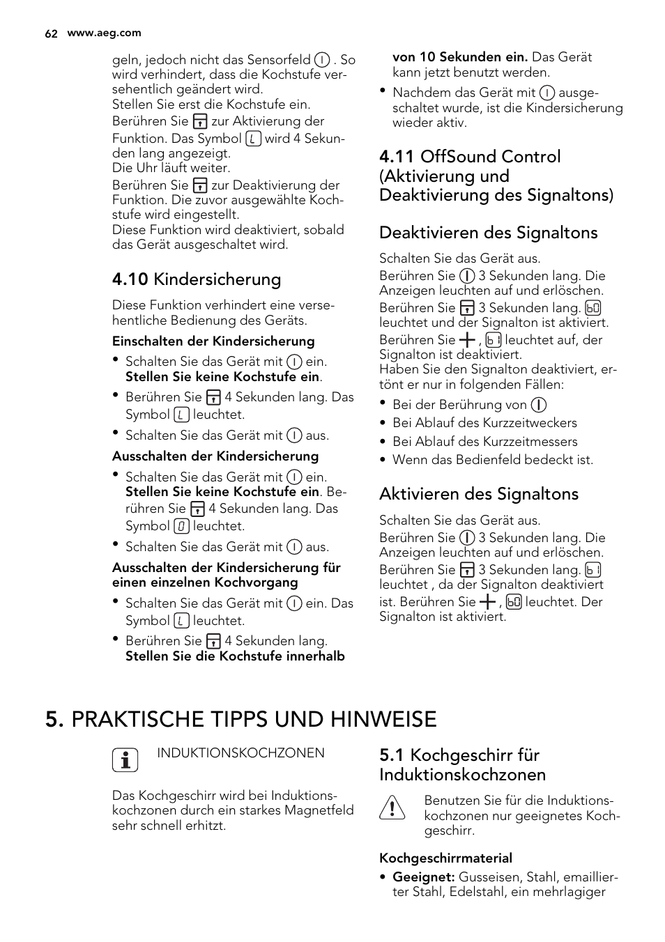 Praktische tipps und hinweise, 10 kindersicherung, Aktivieren des signaltons | 1 kochgeschirr für induktionskochzonen | AEG HK634200FB User Manual | Page 62 / 72