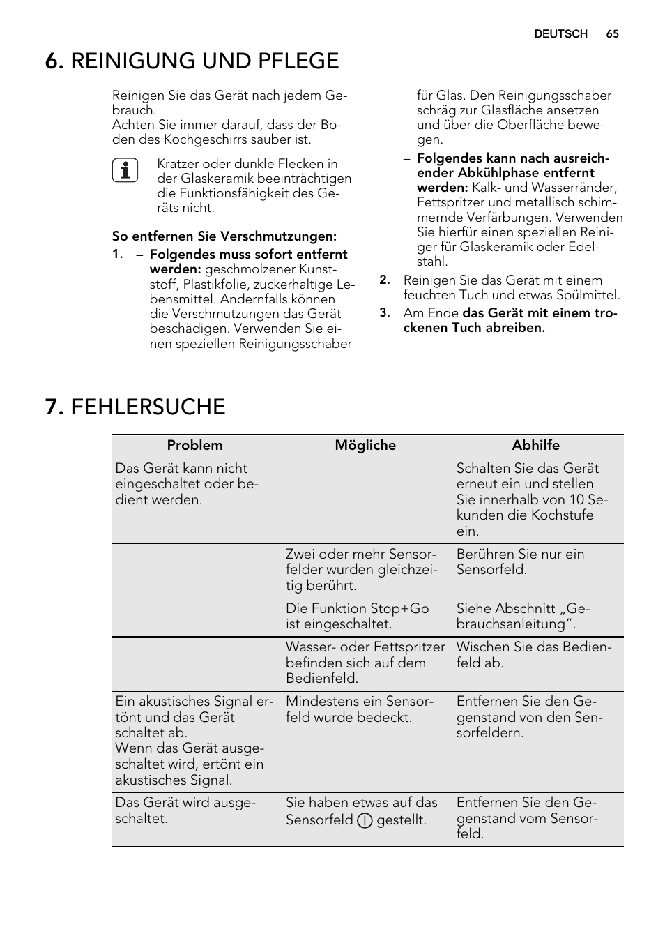 Reinigung und pflege, Fehlersuche | AEG HK634200FB User Manual | Page 65 / 72