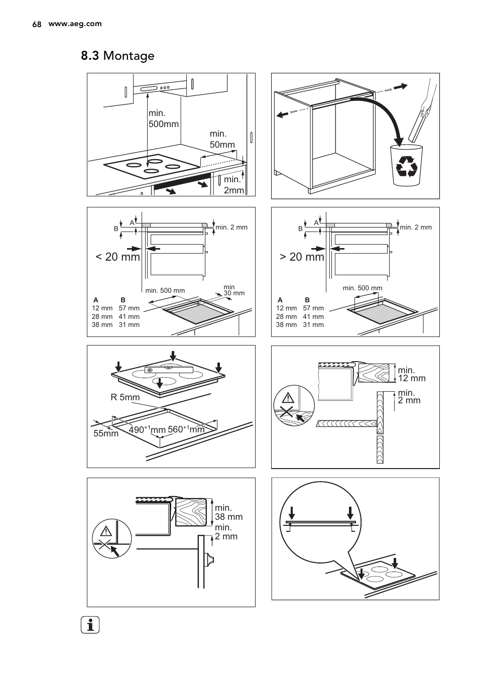 3 montage, 20 mm | AEG HK634200FB User Manual | Page 68 / 72
