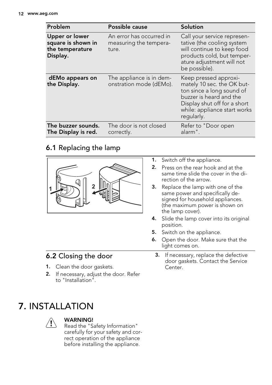 Installation, 1 replacing the lamp, 2 closing the door | AEG S84000KMX0 User Manual | Page 12 / 72