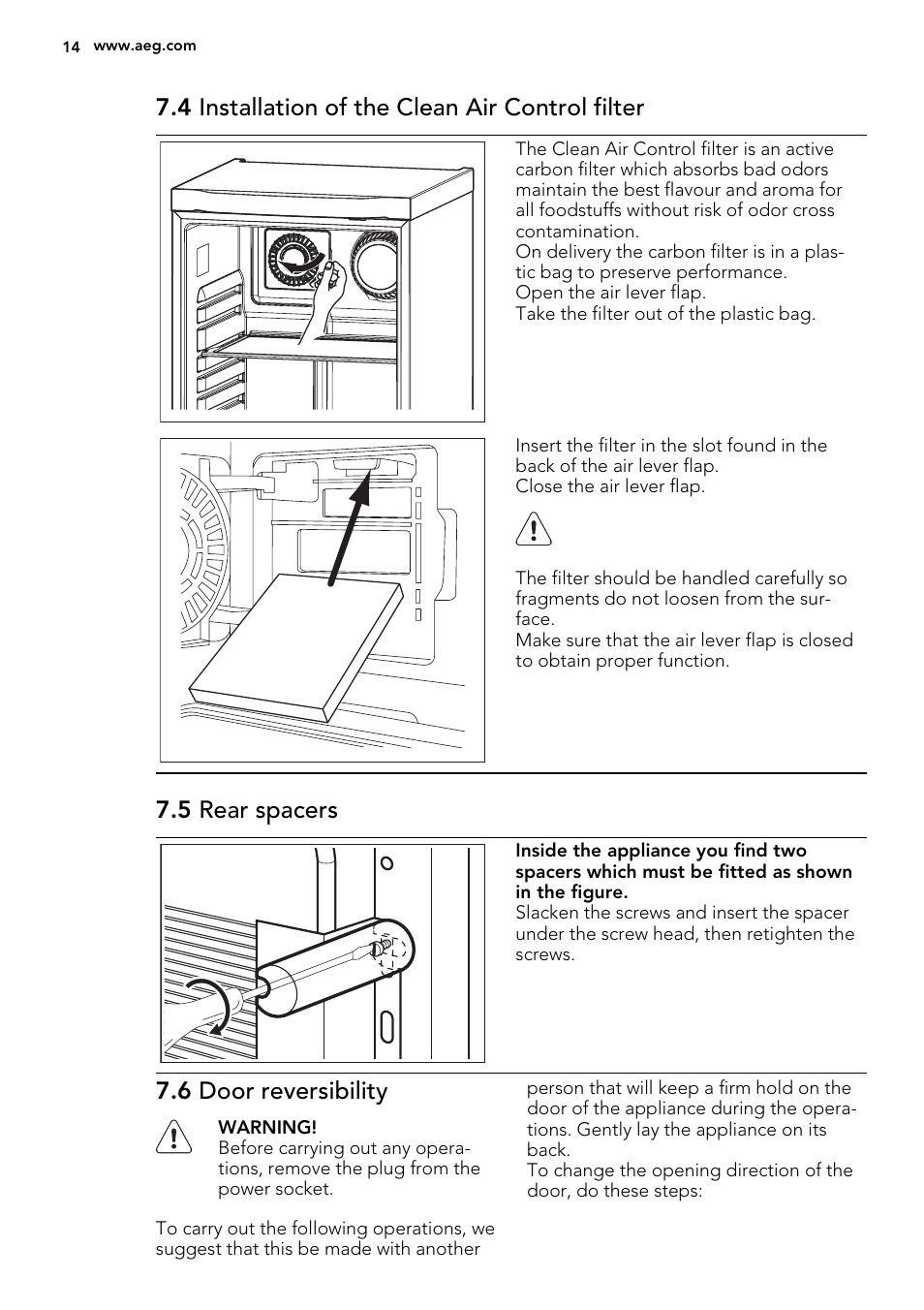 4 installation of the clean air control filter, 5 rear spacers, 6 door reversibility | AEG S84000KMX0 User Manual | Page 14 / 72