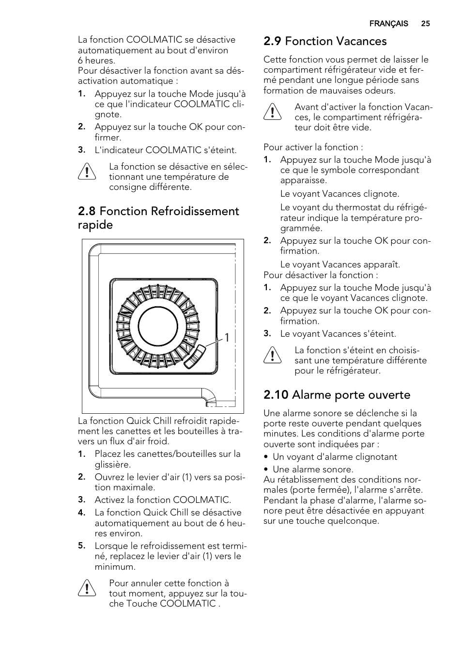 8 fonction refroidissement rapide, 9 fonction vacances, 10 alarme porte ouverte | AEG S84000KMX0 User Manual | Page 25 / 72