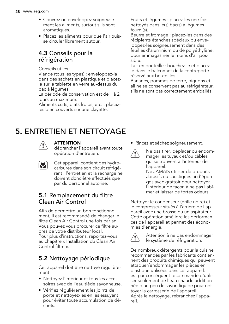 Entretien et nettoyage, 3 conseils pour la réfrigération, 1 remplacement du filtre clean air control | 2 nettoyage périodique | AEG S84000KMX0 User Manual | Page 28 / 72
