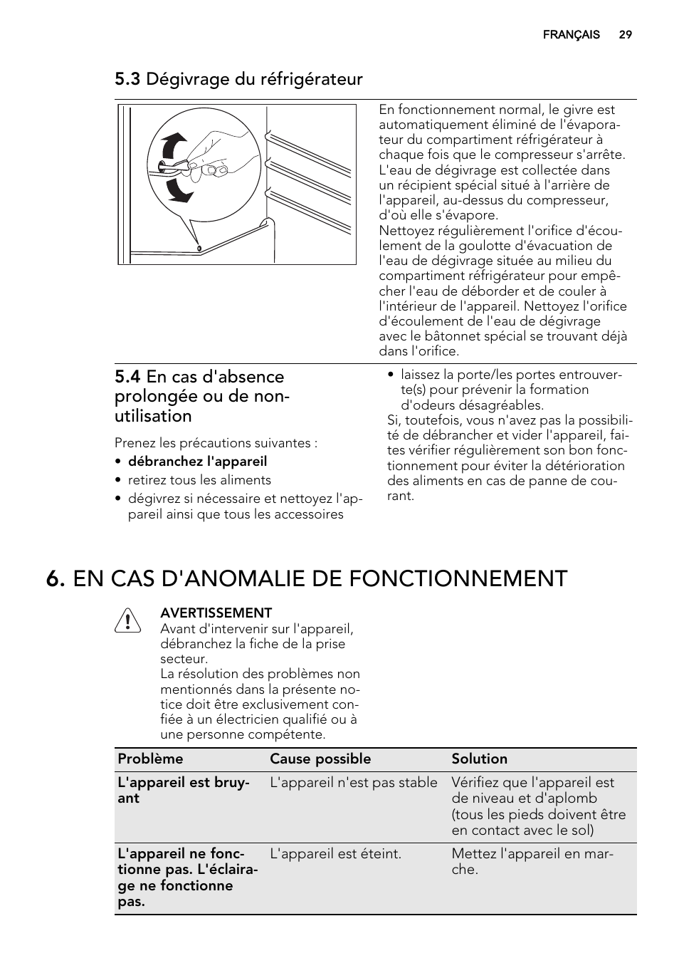 En cas d'anomalie de fonctionnement, 3 dégivrage du réfrigérateur | AEG S84000KMX0 User Manual | Page 29 / 72