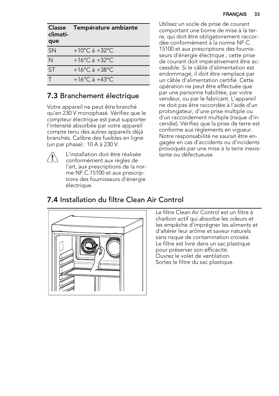 3 branchement électrique, 4 installation du filtre clean air control | AEG S84000KMX0 User Manual | Page 33 / 72