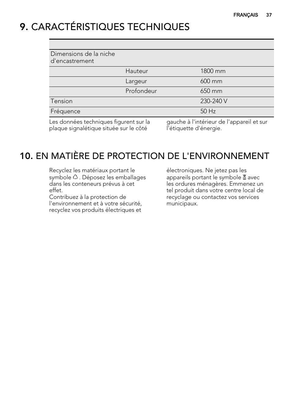 Caractéristiques techniques, En matière de protection de l'environnement | AEG S84000KMX0 User Manual | Page 37 / 72