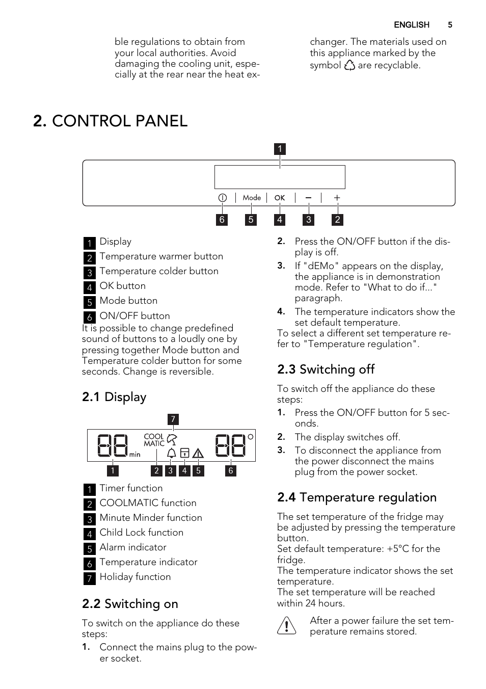 Control panel, 1 display, 2 switching on | 3 switching off, 4 temperature regulation | AEG S84000KMX0 User Manual | Page 5 / 72
