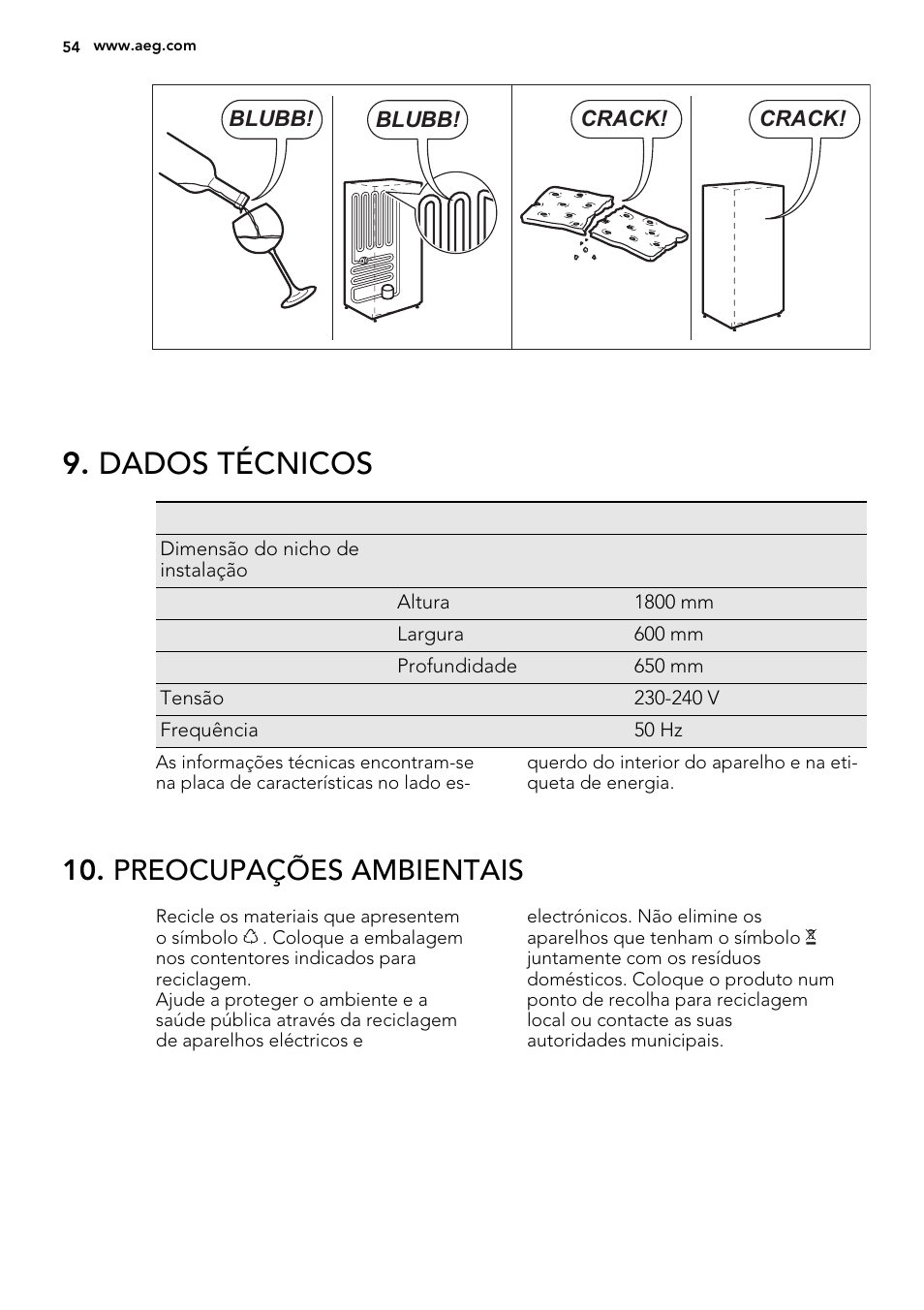 Dados técnicos, Preocupações ambientais | AEG S84000KMX0 User Manual | Page 54 / 72