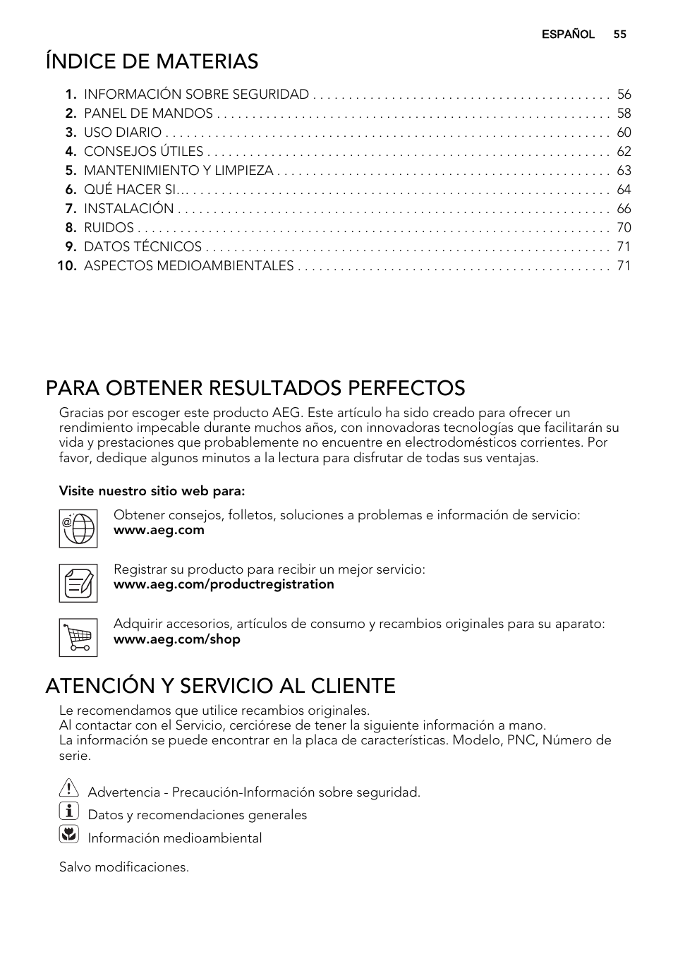 Índice de materias, Para obtener resultados perfectos, Atención y servicio al cliente | AEG S84000KMX0 User Manual | Page 55 / 72