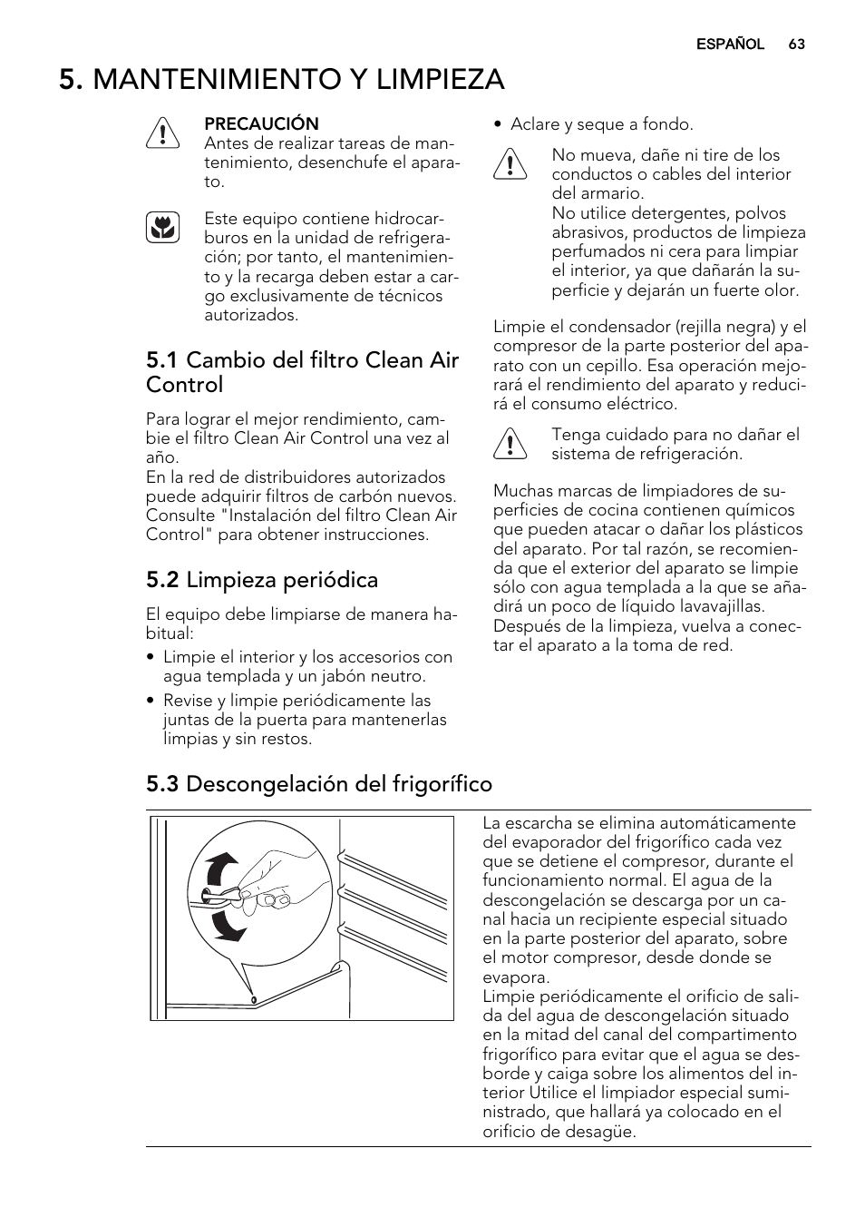 Mantenimiento y limpieza, 1 cambio del filtro clean air control, 2 limpieza periódica | 3 descongelación del frigorífico | AEG S84000KMX0 User Manual | Page 63 / 72