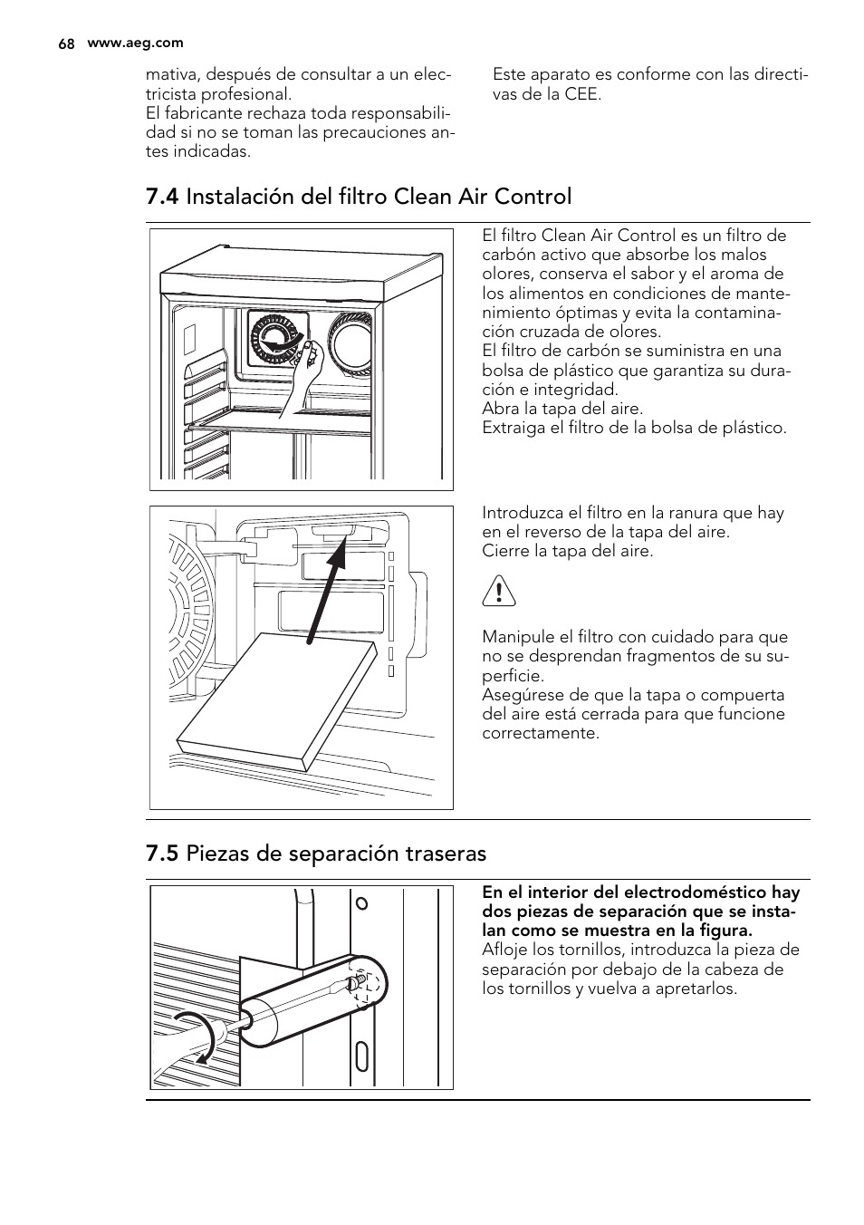 4 instalación del filtro clean air control, 5 piezas de separación traseras | AEG S84000KMX0 User Manual | Page 68 / 72