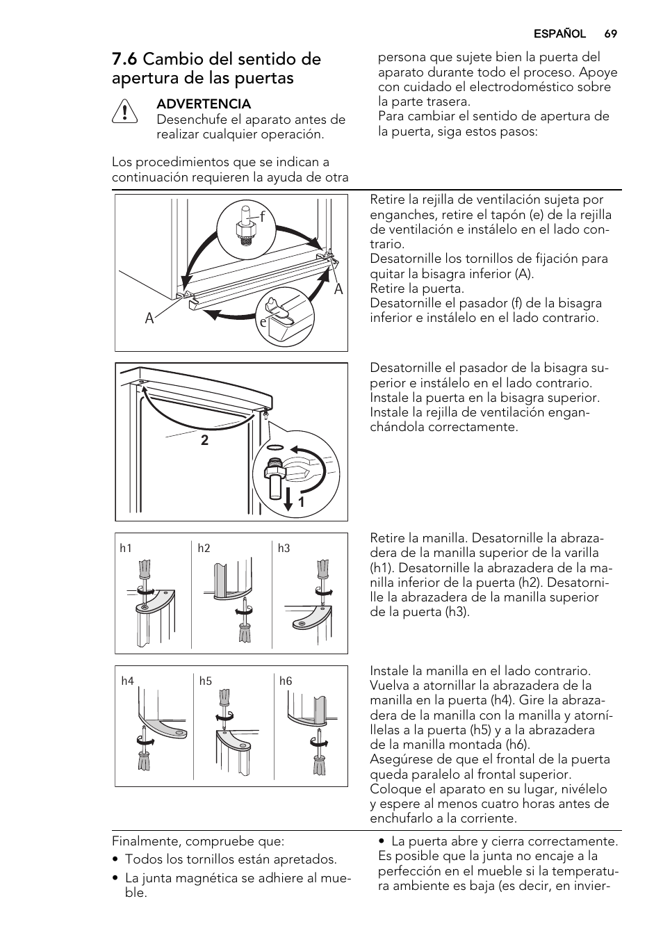 6 cambio del sentido de apertura de las puertas | AEG S84000KMX0 User Manual | Page 69 / 72