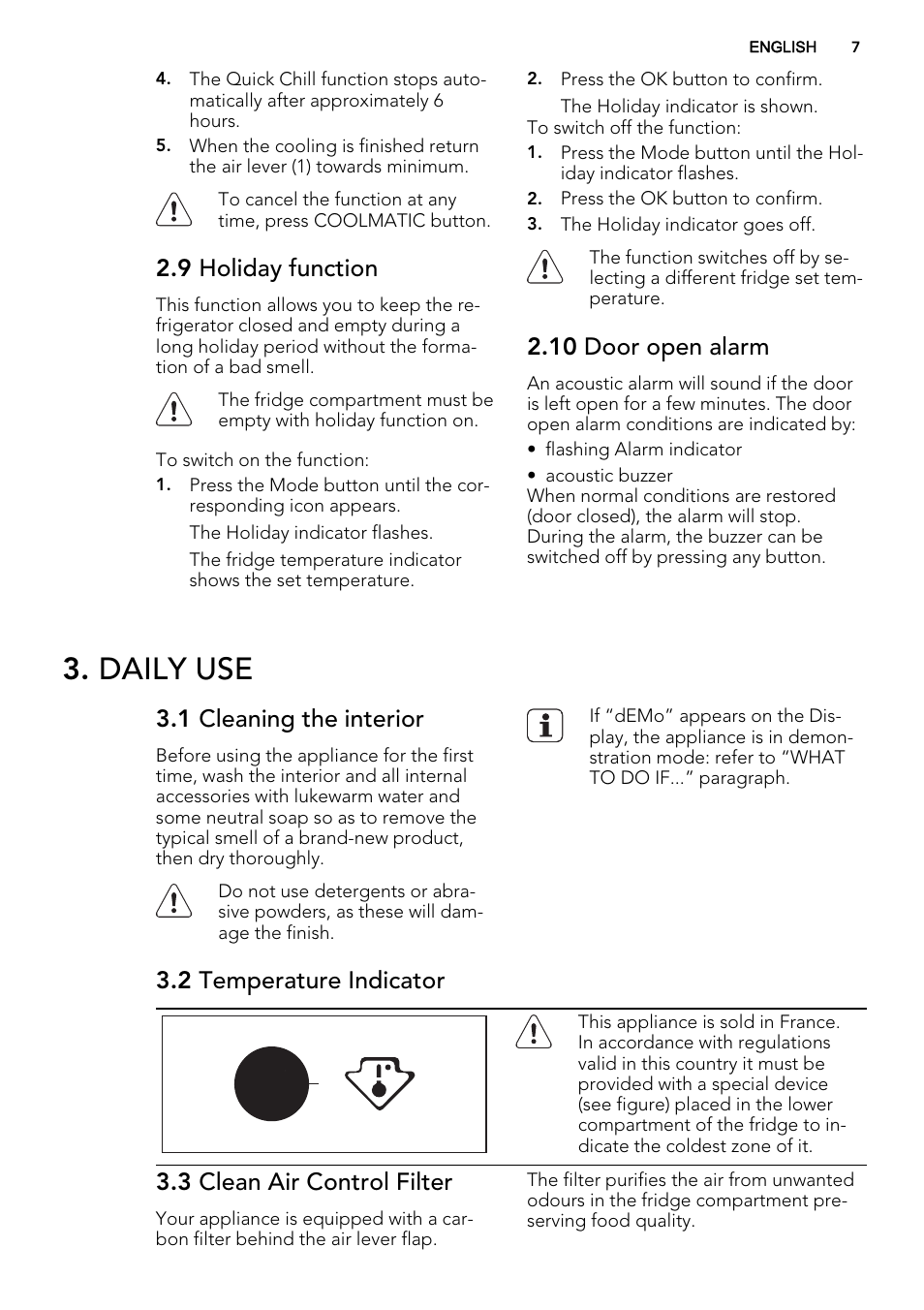 Daily use, 9 holiday function, 10 door open alarm | 1 cleaning the interior, 2 temperature indicator, 3 clean air control filter | AEG S84000KMX0 User Manual | Page 7 / 72