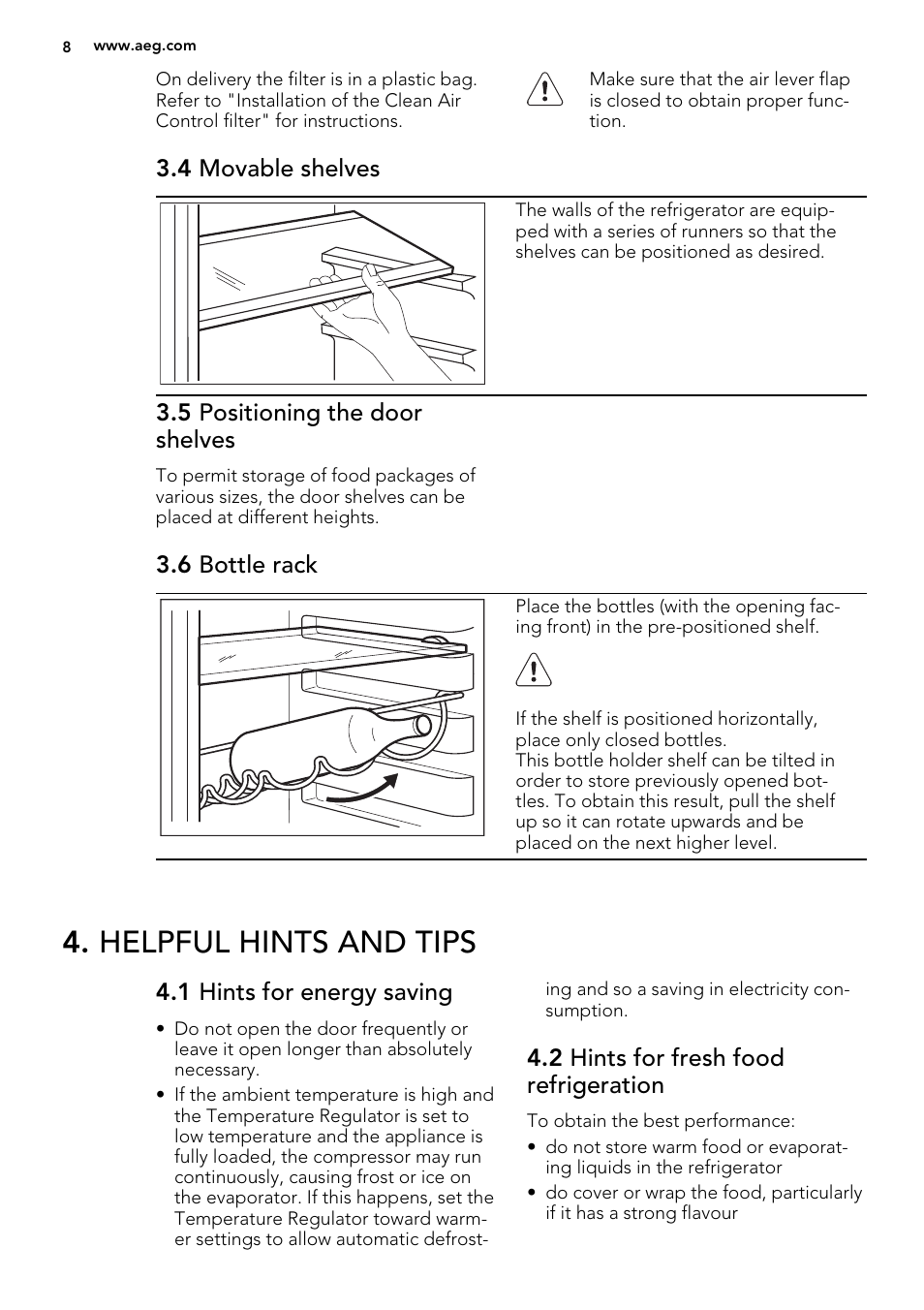 Helpful hints and tips, 4 movable shelves, 5 positioning the door shelves | 6 bottle rack, 1 hints for energy saving, 2 hints for fresh food refrigeration | AEG S84000KMX0 User Manual | Page 8 / 72